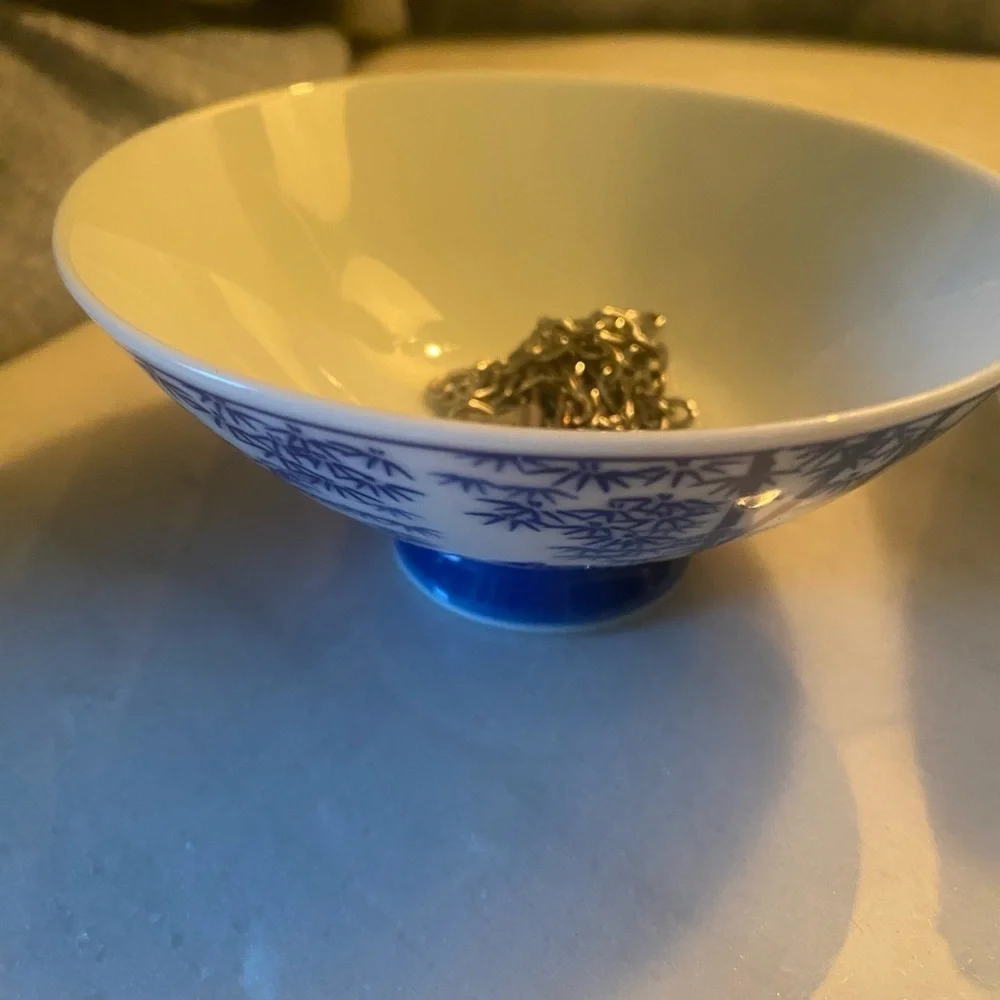Vintage‎ Asian Blue & White Porcelain Rice Bowl – Bamboo Pattern, 4.75”, 130g